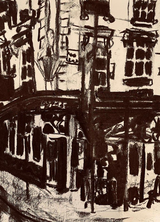 A charcoal drawing of the pub on the corner of New Oxford Street and Museum Street